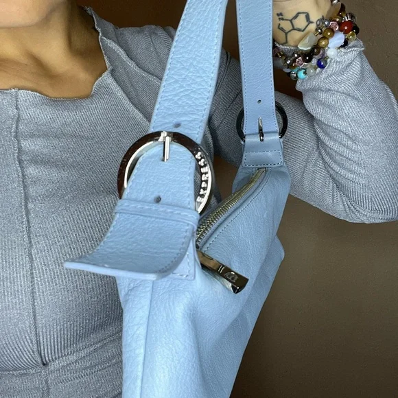 Vintage Express Genuine Blue Leather Shoulder Bag 90s vibe Y2K - Picture 3 of 5